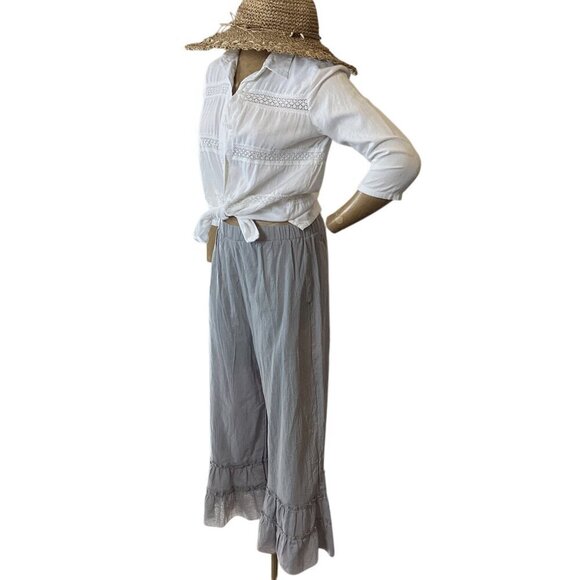 Beachy 3-Piece Set: Crop Ruffle Pant Linen Button-Up Top Sz S Seagrass Hat 329A - Picture 5 of 16